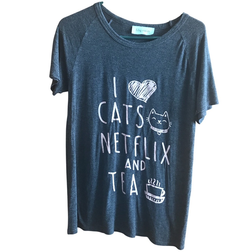 Lily Rain I Love‎ Cats Netflix and Tea Graphic T Shirt Casual Comfy Top
